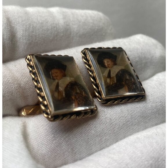 Vintage Swank Rembrandt Portrait Rectangular Cufflinks Gold Tone Art Lover - Picture 3 of 5